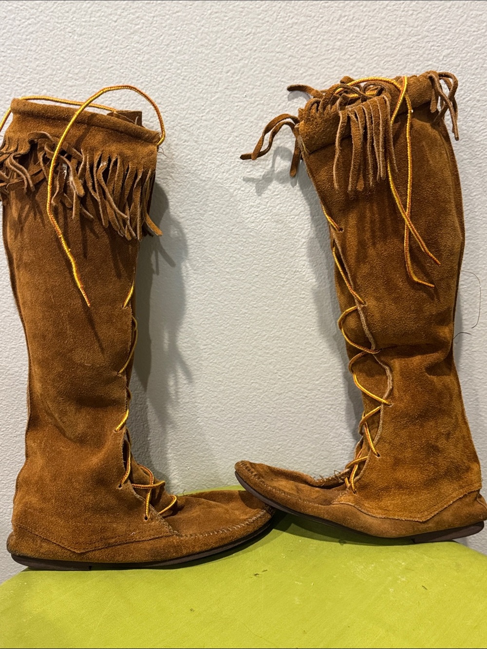 Vintage Minnetonka Brown Suede Fringe Knee High Lace Up Boots - Picture 3 of 16